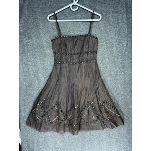 Formula Sundress Brown Beaded Cotton Pleated Size M Lined Y2K Fit and Flare